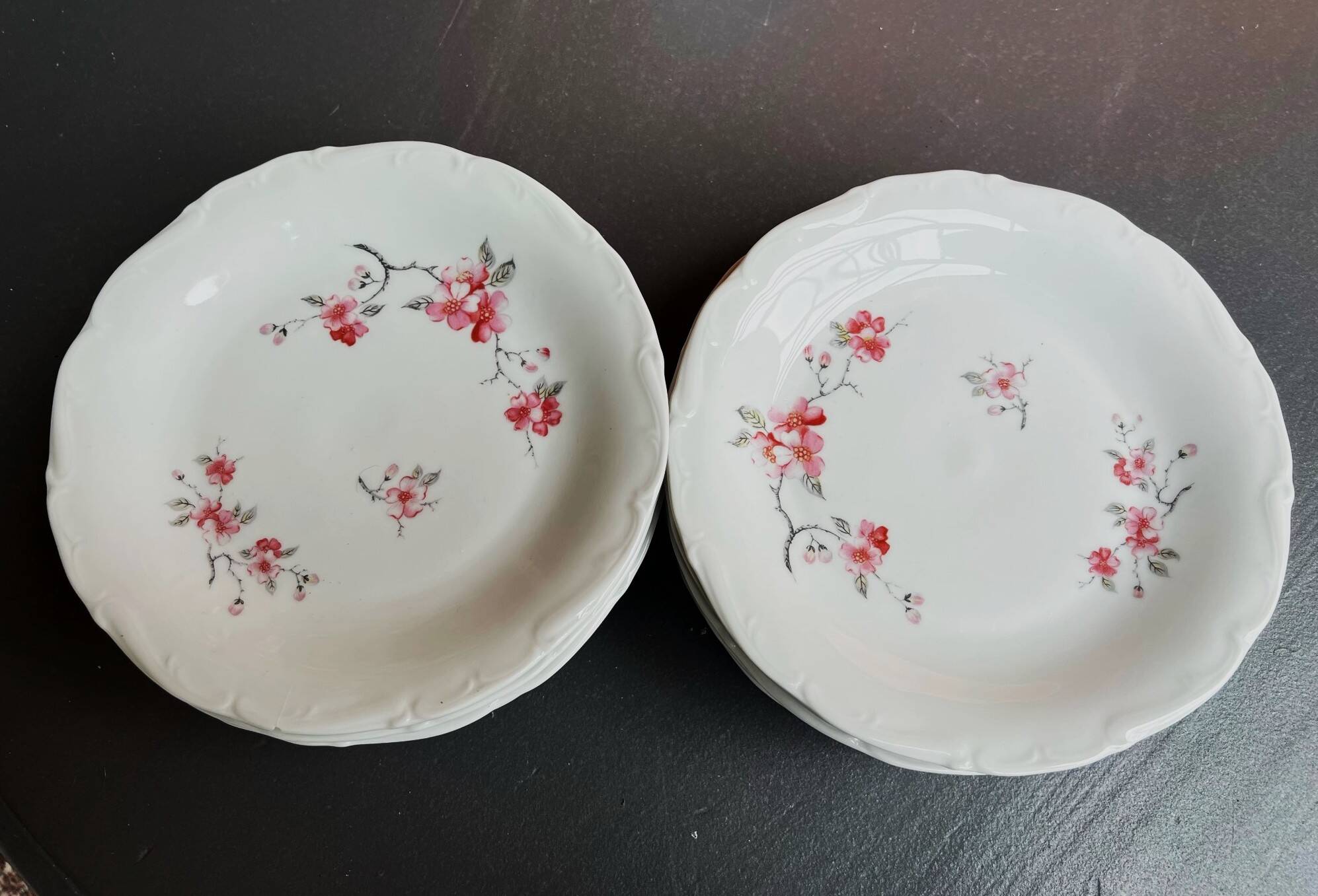 12 assiettes blanches motifs fleurs de pommier porcelaine de Sologne