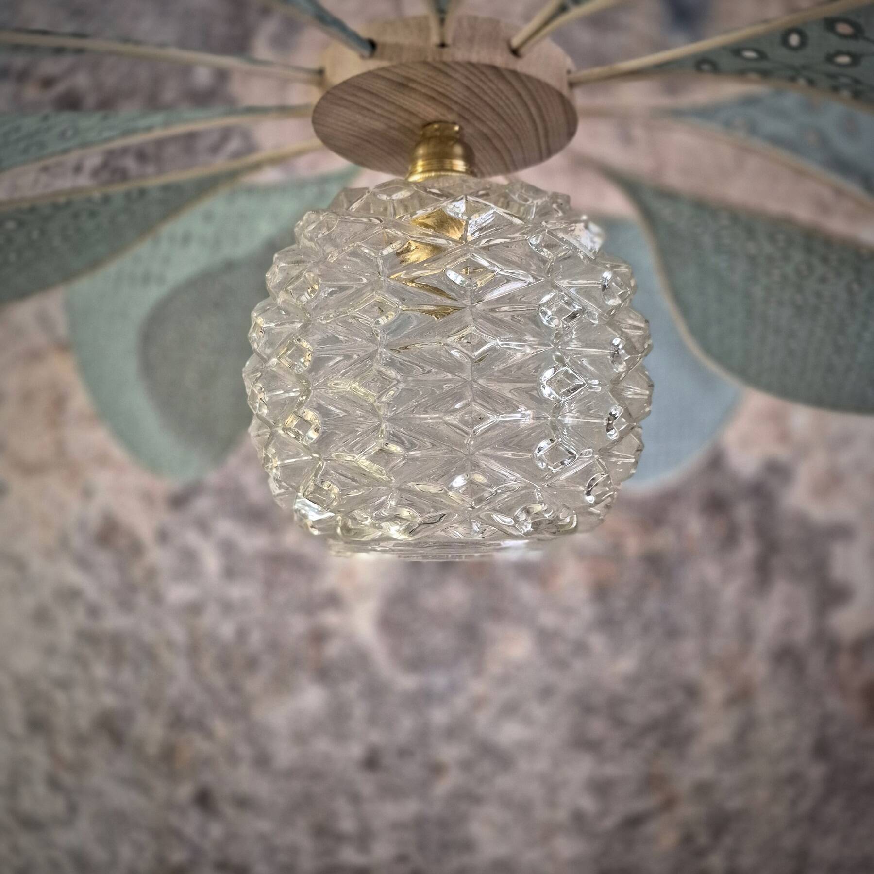 12-petal rattan and sage embroidery pendant light + vintage globe