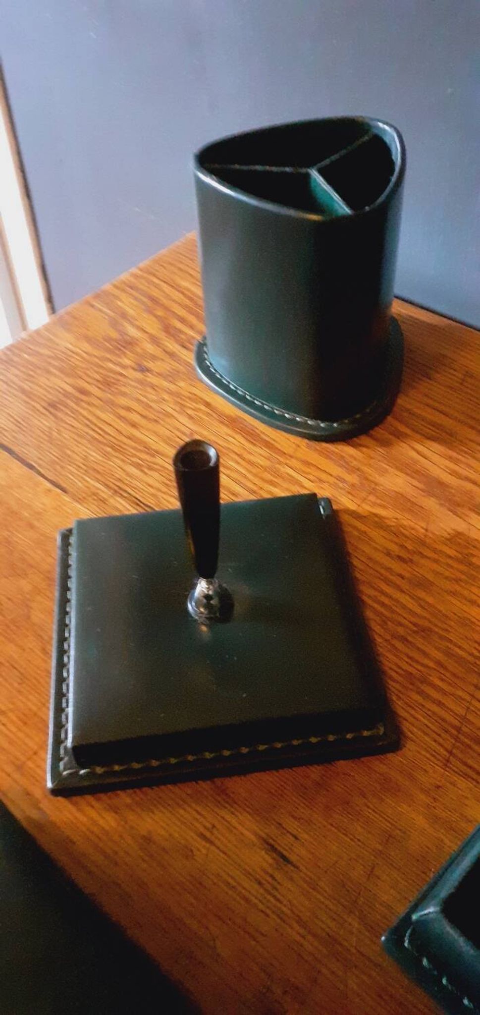 Vintage 7 Piece Office Set from the 50s in Green Leather "Le Tanneur".