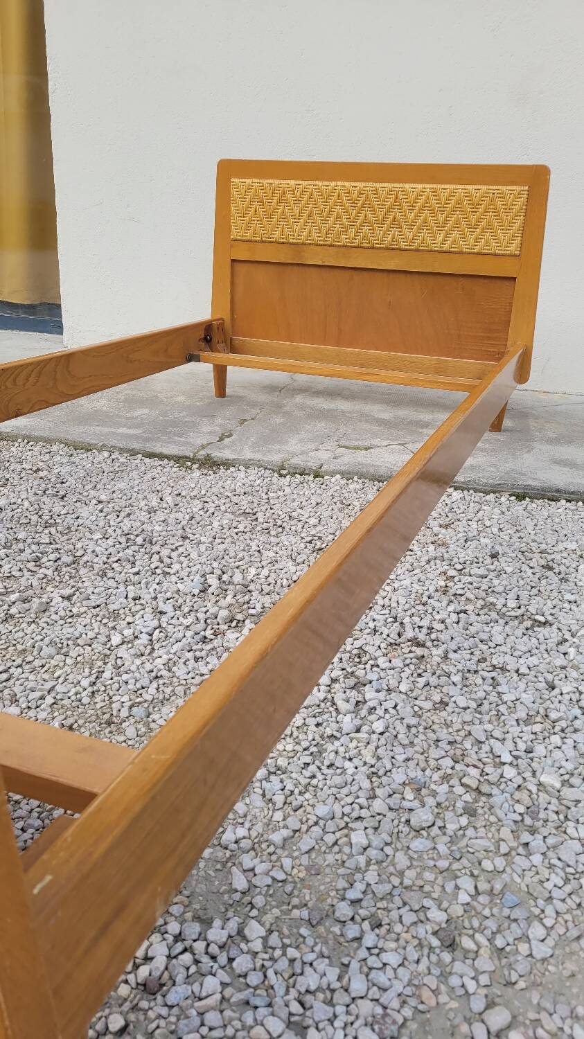 Vintage rattan and solid oak bed 1950s design