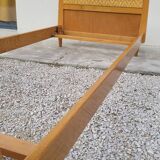 Vintage rattan and solid oak bed 1950s design