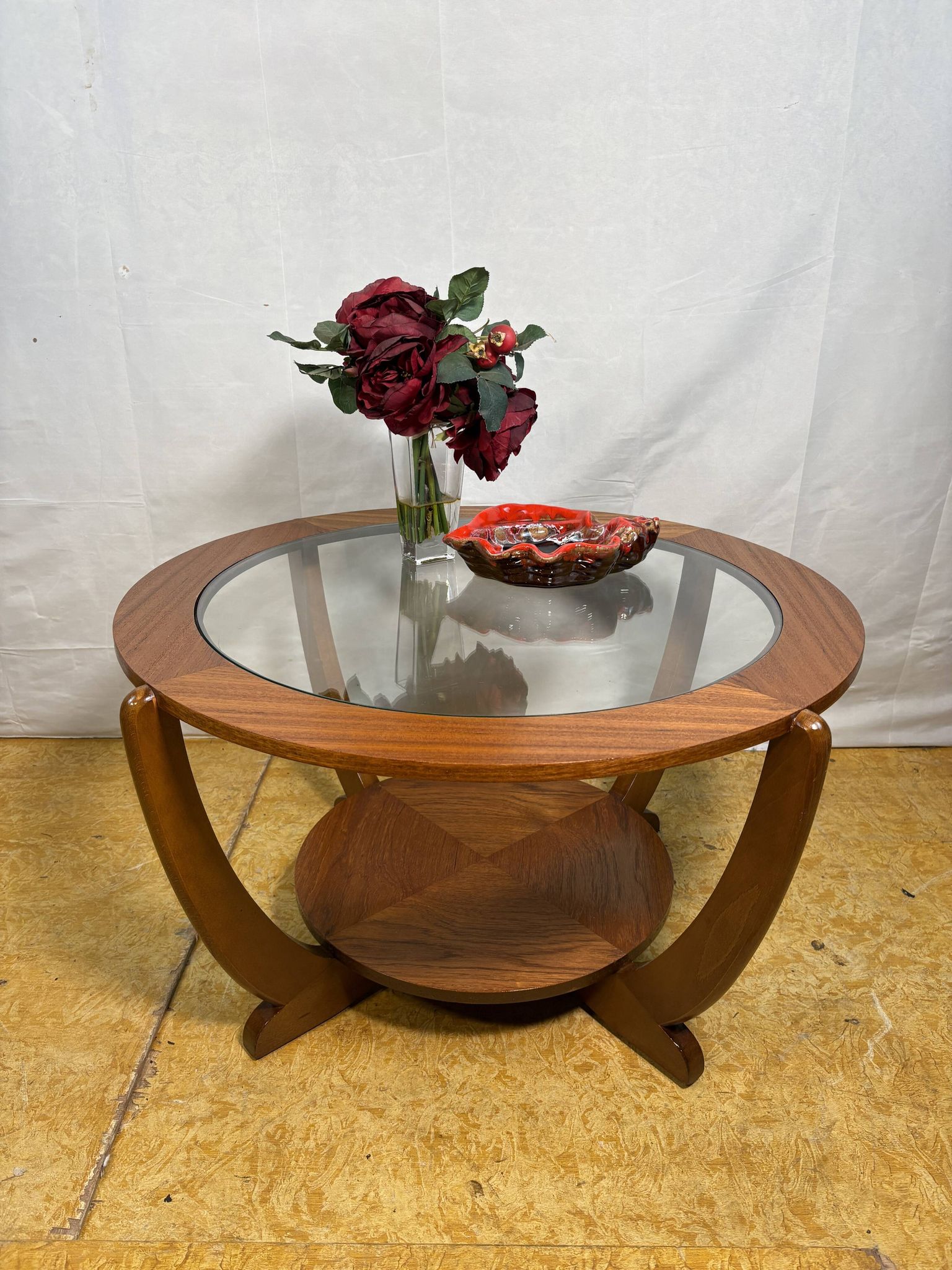 Mid-Century Retro Vintage Teak & Glass Round Coffee Table by Stonehill 1960