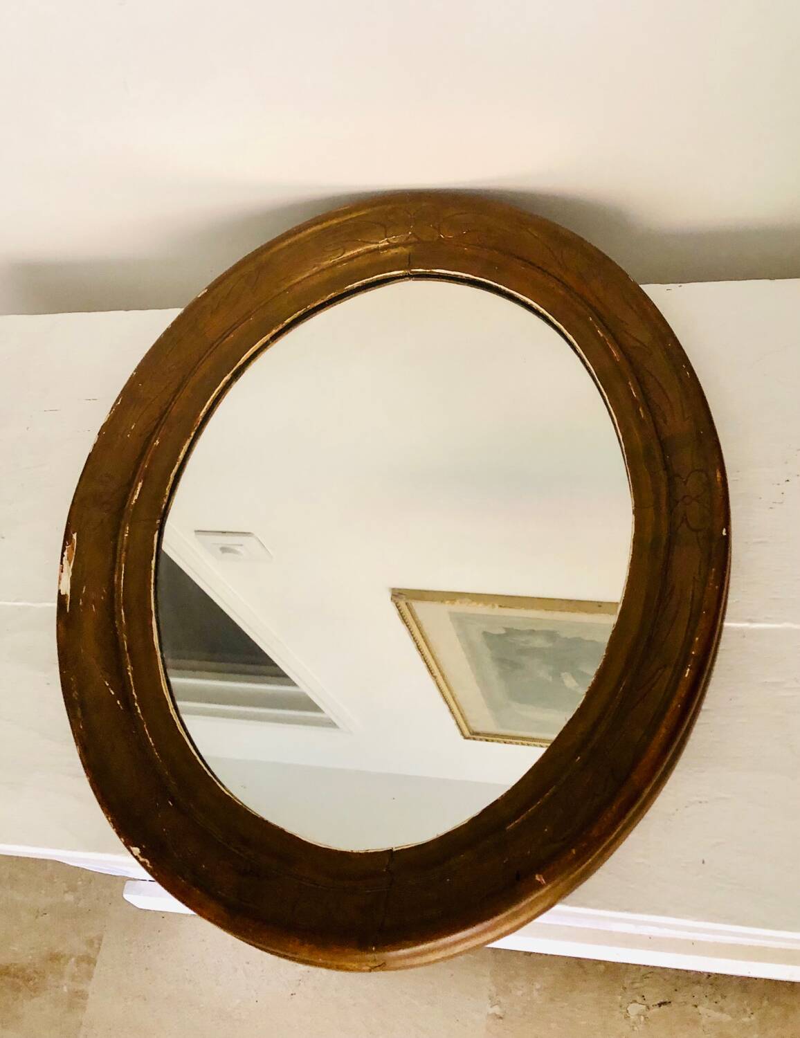 Old art deco oval wooden mirror