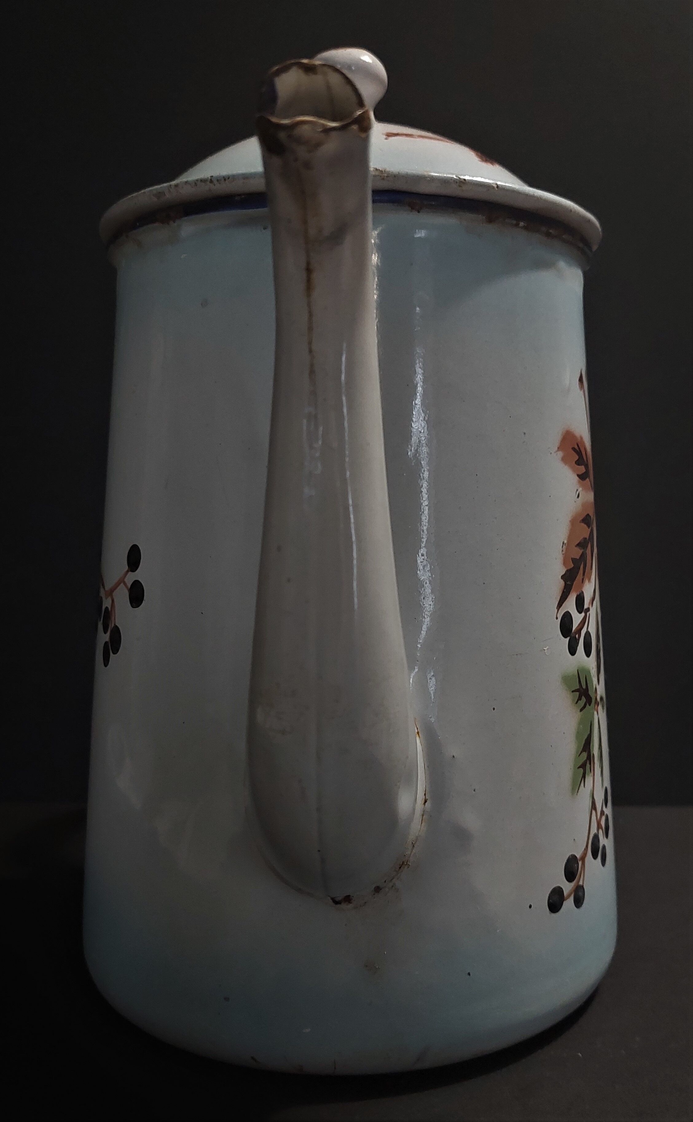 Enamelled sheet metal pourer decorated with black berries early twentieth century