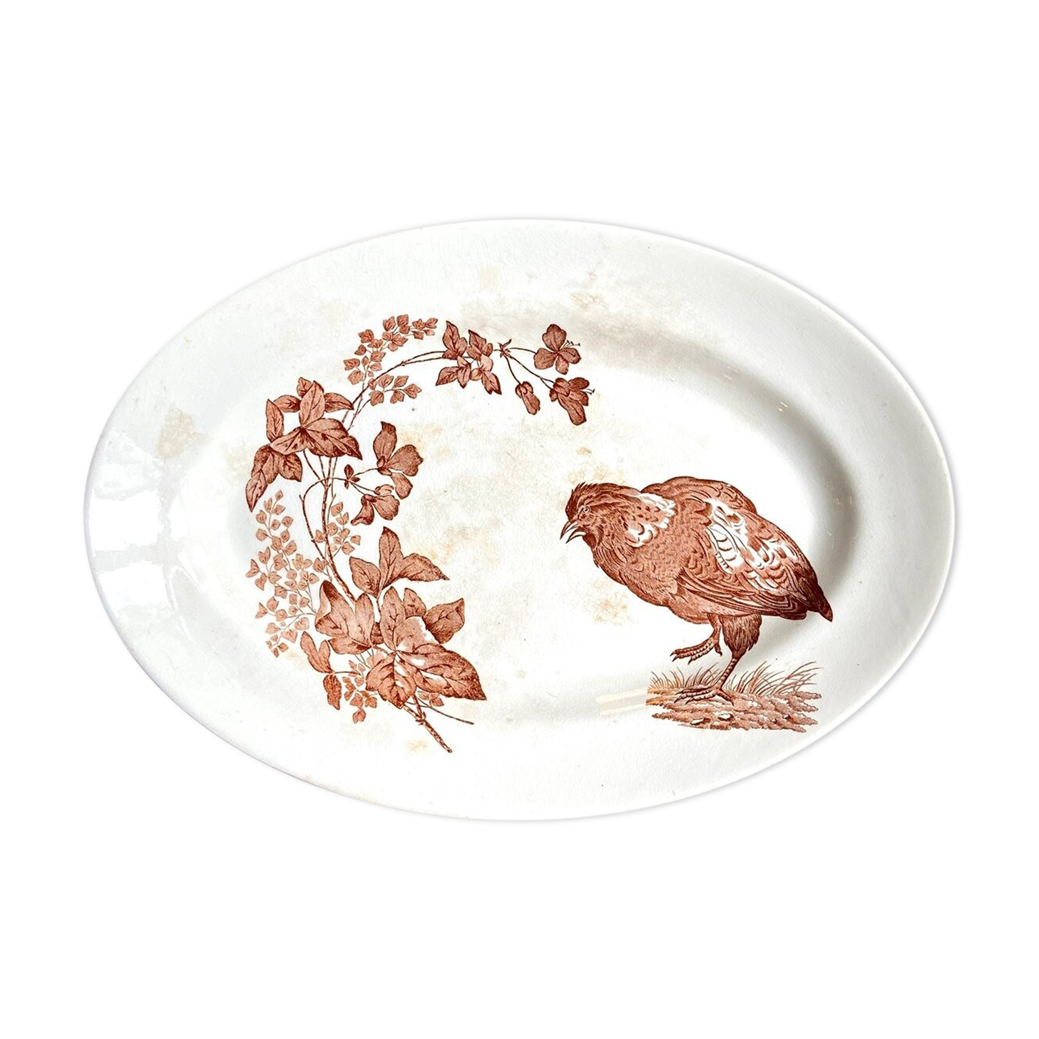 Longwy oval dish in white and brown iron earth