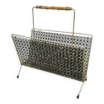 Vintage openwork metal magazine rack with bamboo handle