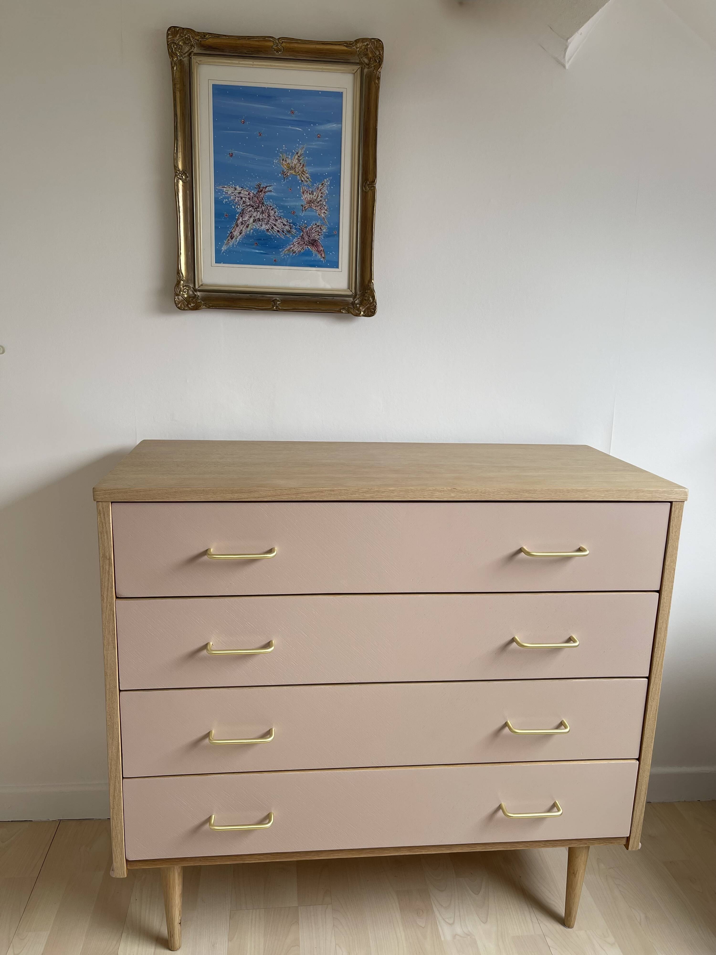 Pink tapered leg chest of drawers