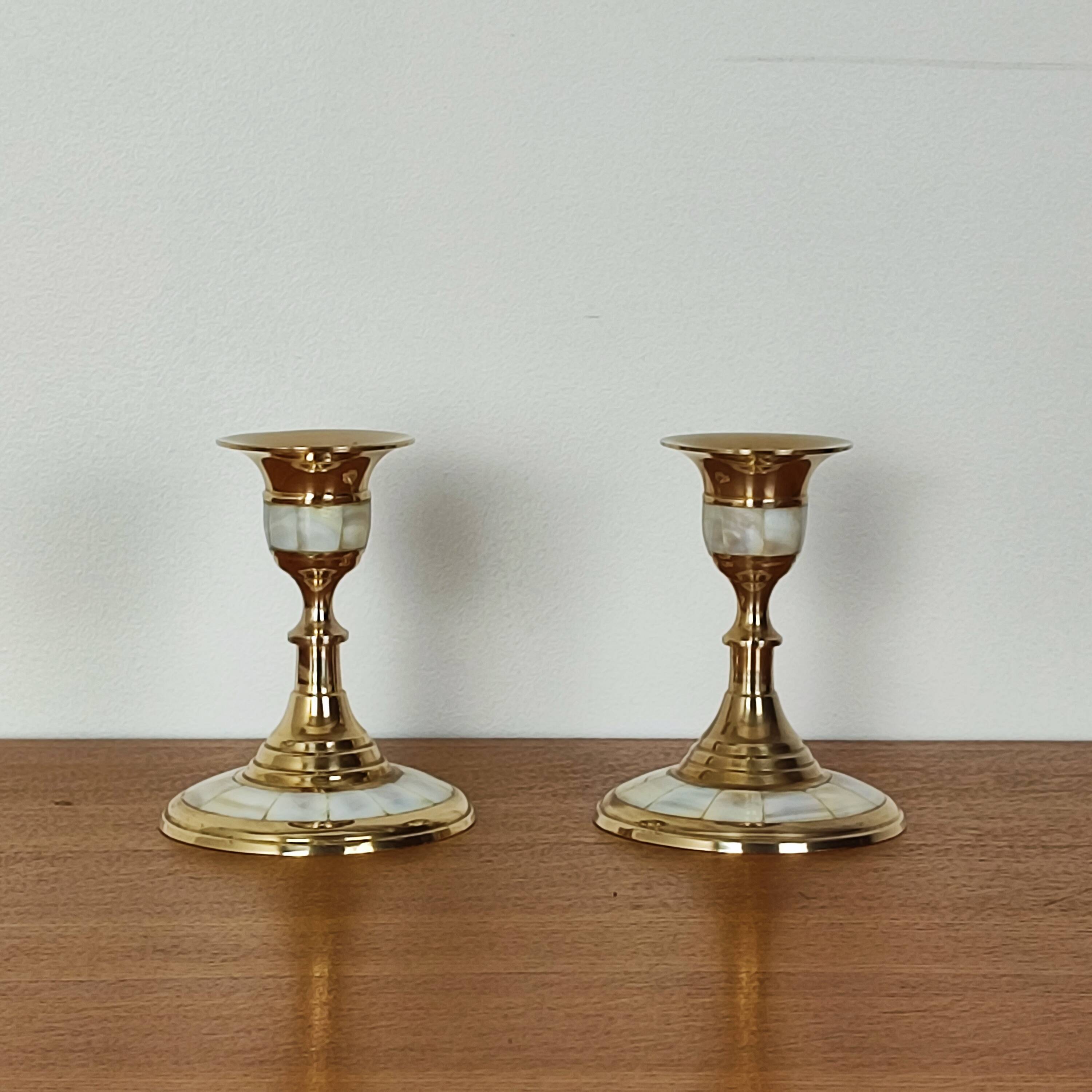 Brass and mother-of-pearl candle holders
