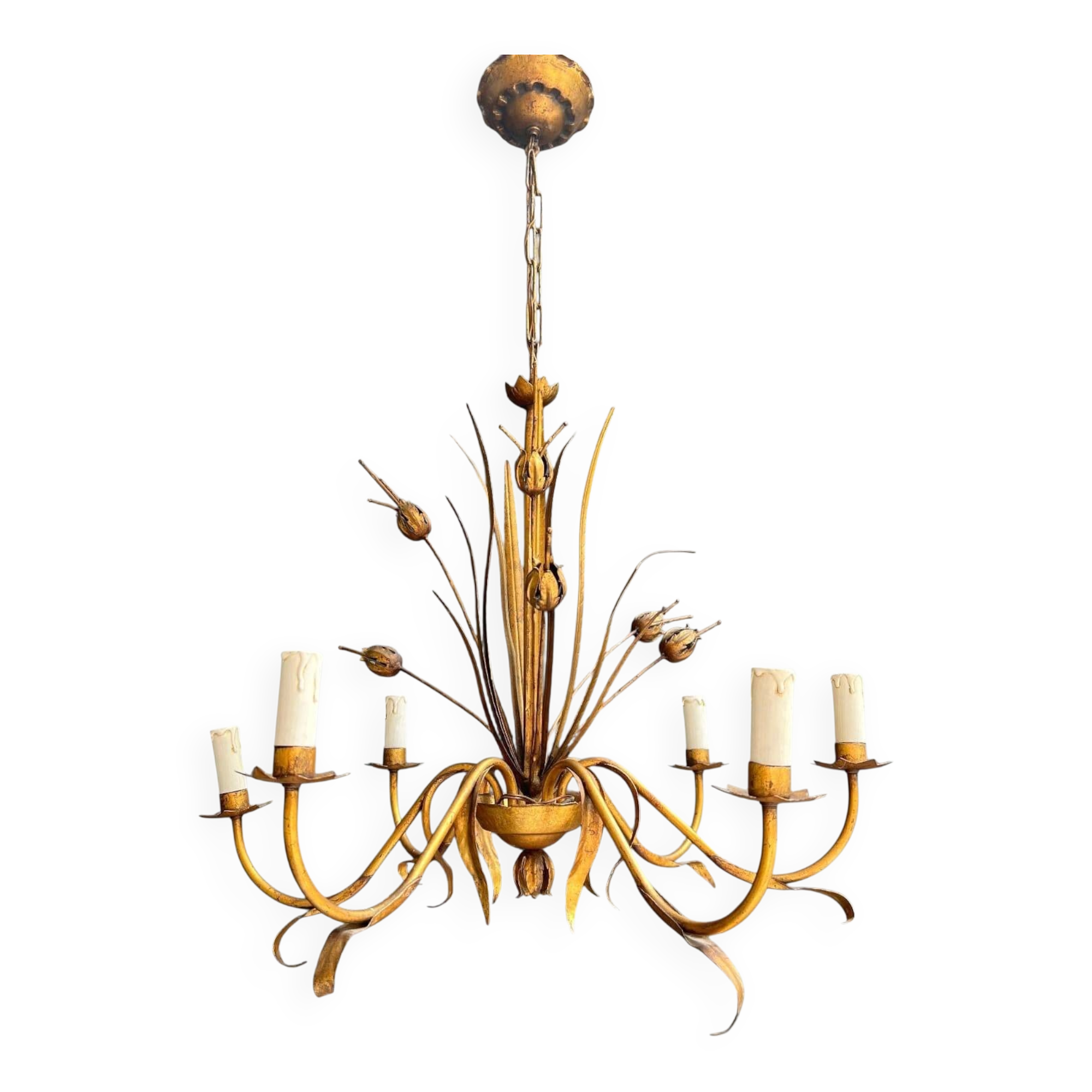 Golden Metal Chandelier with Reed Bouquet Decoration. Coco Chanel Style. Work