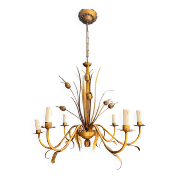 Lustre en métal doré décor de gerbe de roseaux. style Coco Chanel