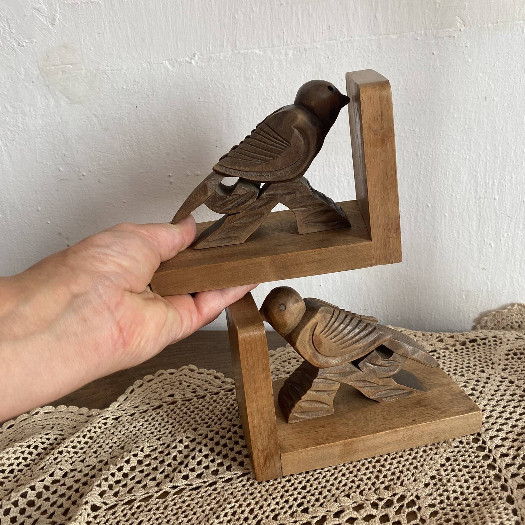 Pair of Art Deco wooden bookends carved with birds.