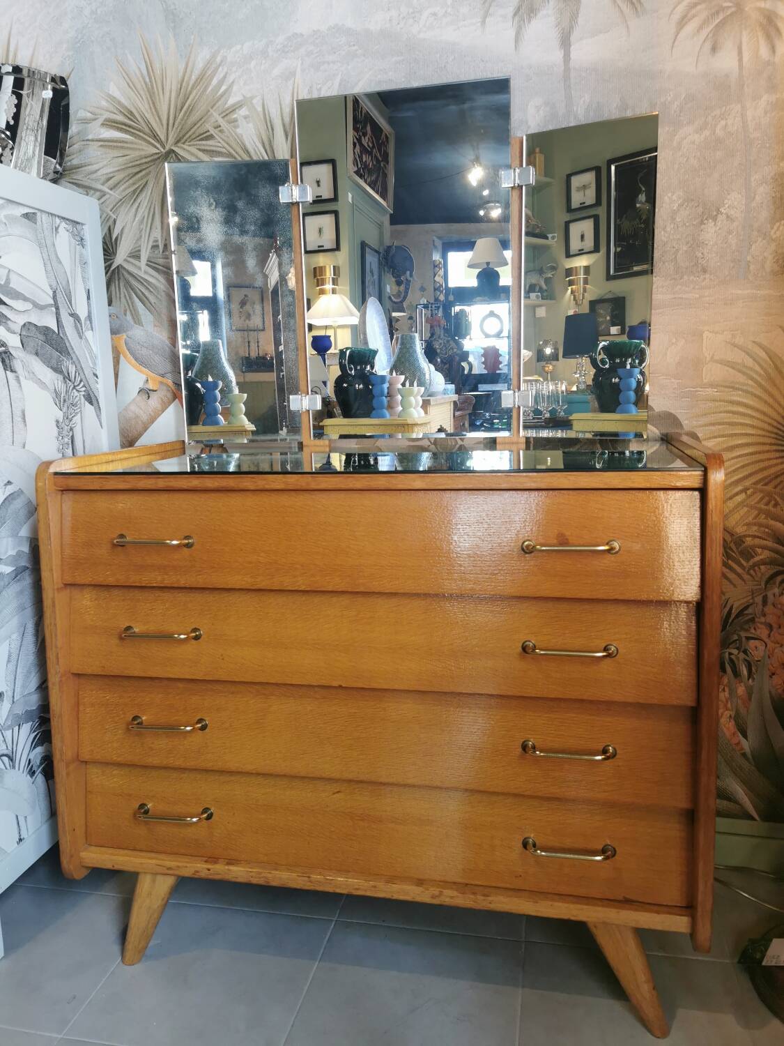 Vintage chest of drawers with compass legs and triptych mirror