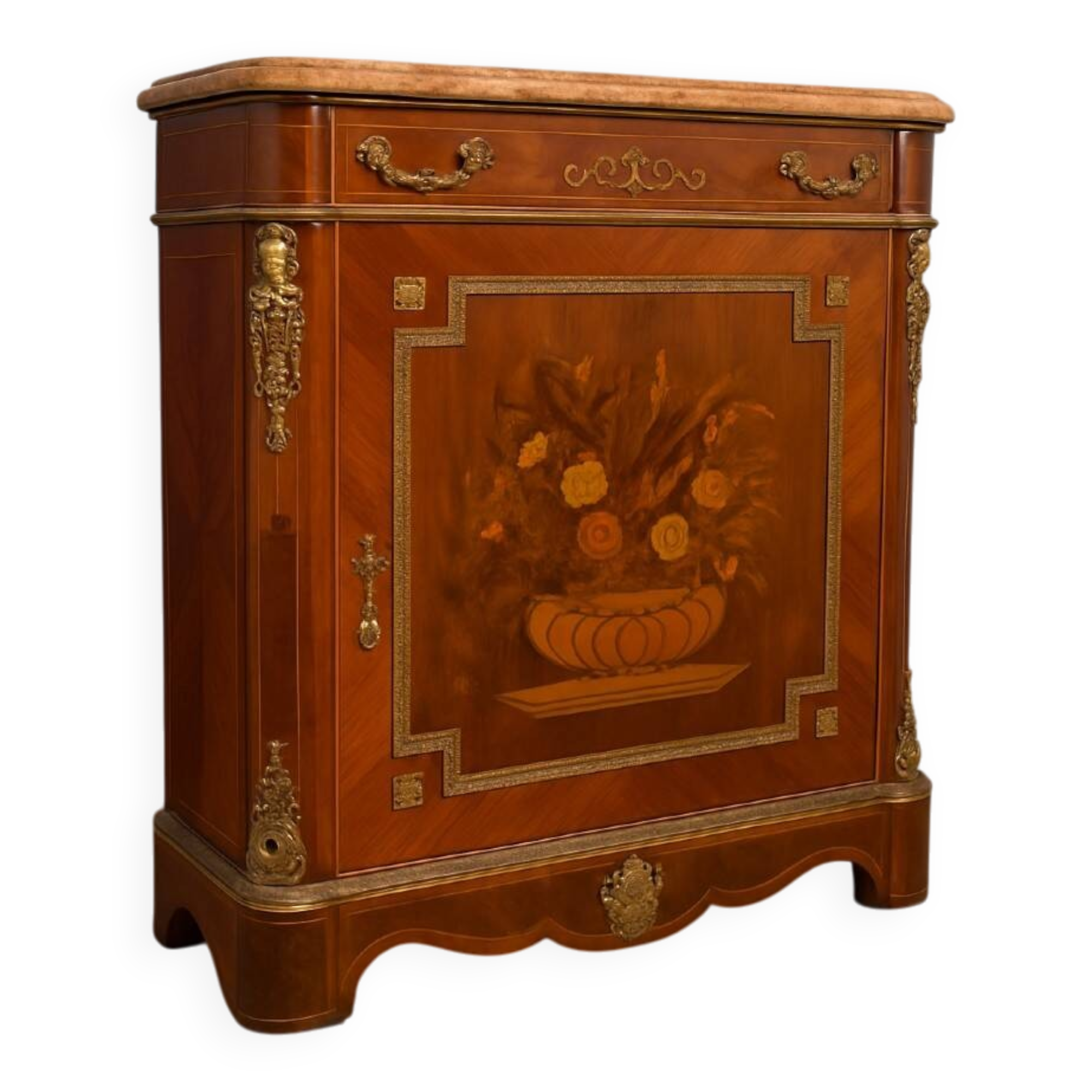 Support furniture in precious wood marquetry, richly decorated with floral marquetry.