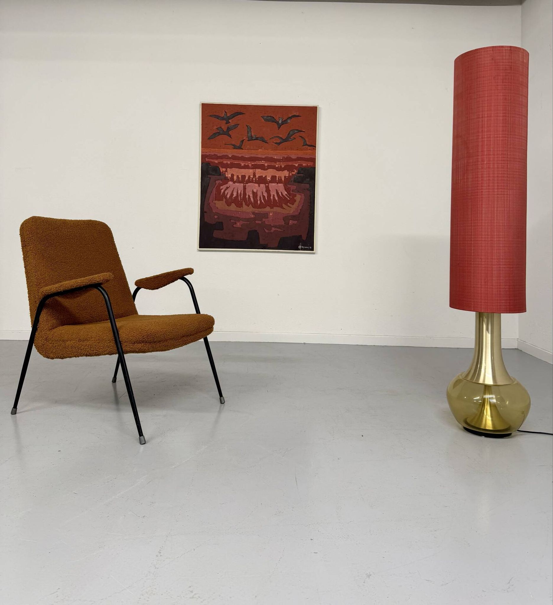 Vintage metal armchair with orange boucle fabric, French design from the 1950s.