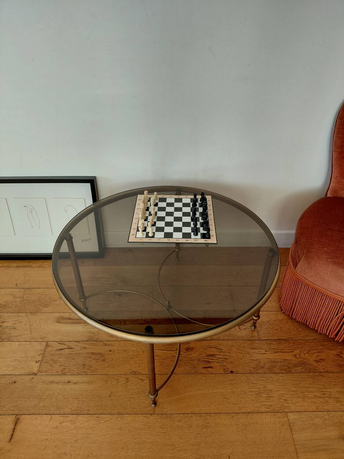 Round coffee table metal smoked glass 70s