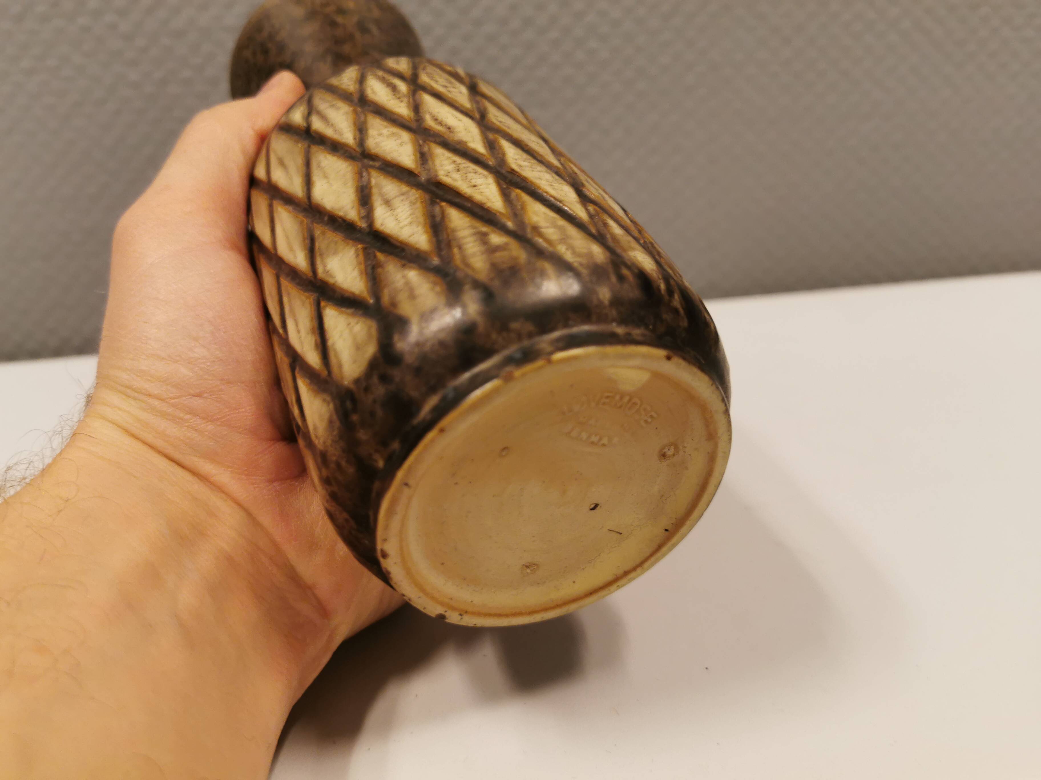 Vase from Danish Løvemose pottery, with partial hare's fur glaze. Estimated 1970s.