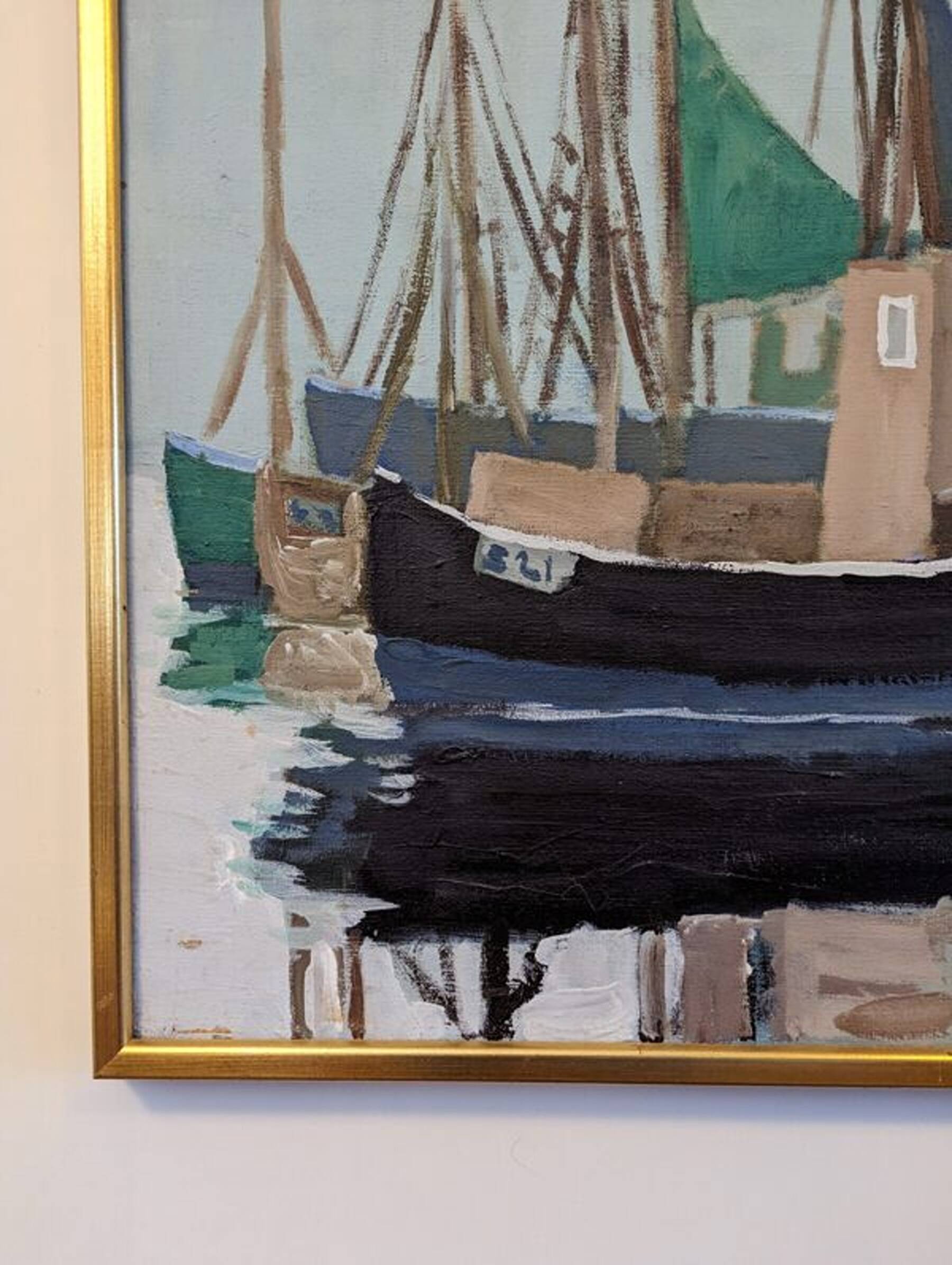 Mid-Century Modern Swedish "Green Sails" Vintage Seascape Oil Painting, Framed