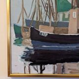 Mid-Century Modern Swedish "Green Sails" Vintage Seascape Oil Painting, Framed