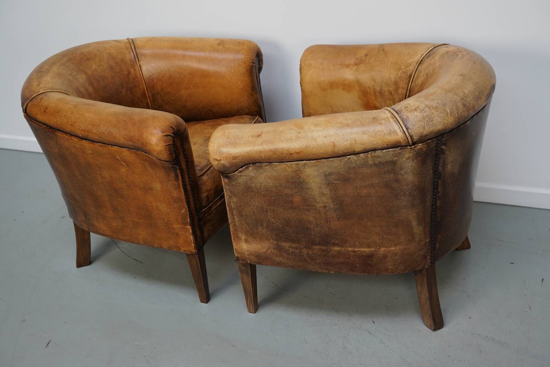 Vintage Dutch Cognac Leather Club Chairs, Set of 2