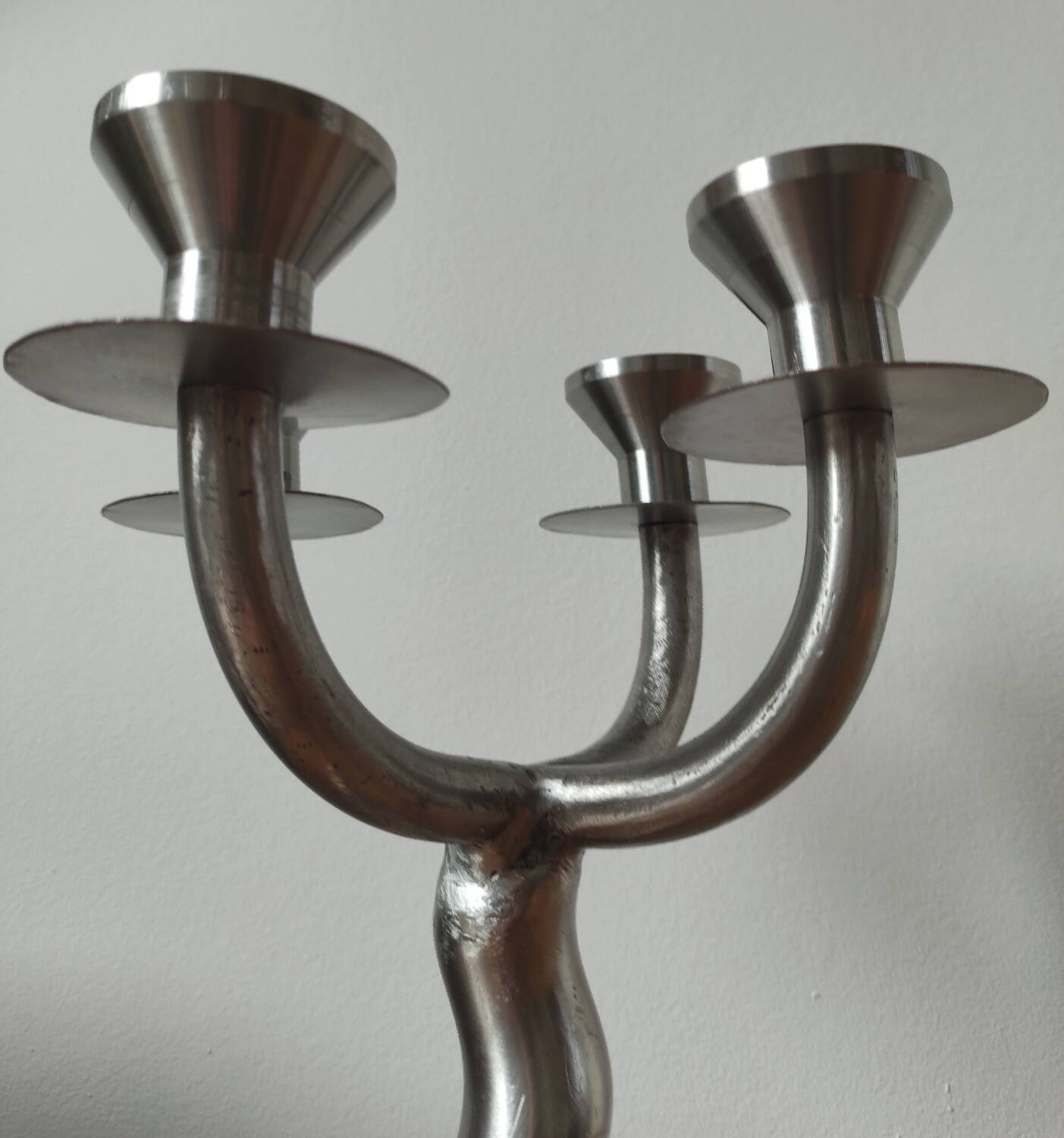 Vintage brutalist chandelier with 4 lights in brushed metal.