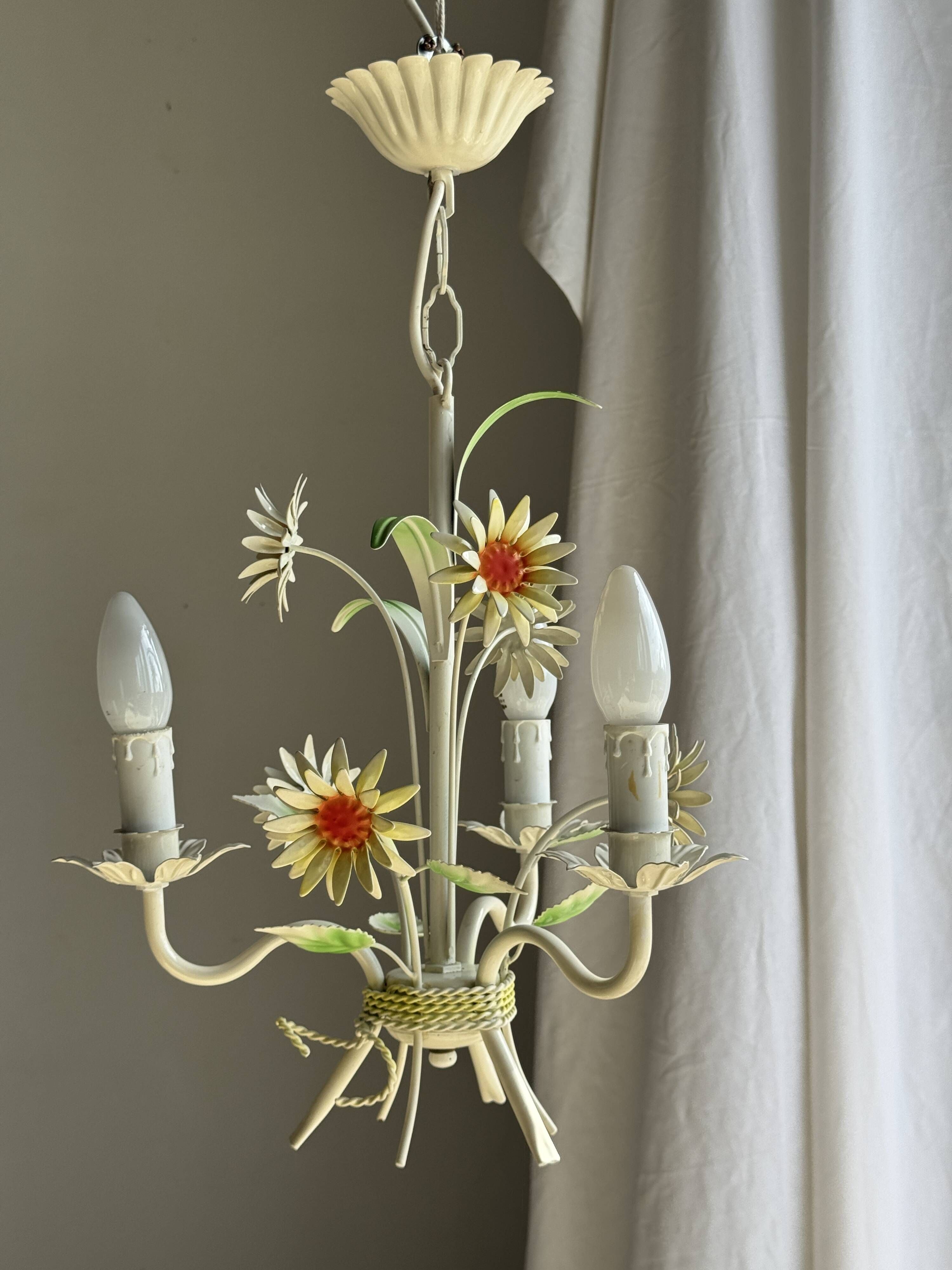 Small vintage cream metal flower chandelier with orange flowers and 3 arms.