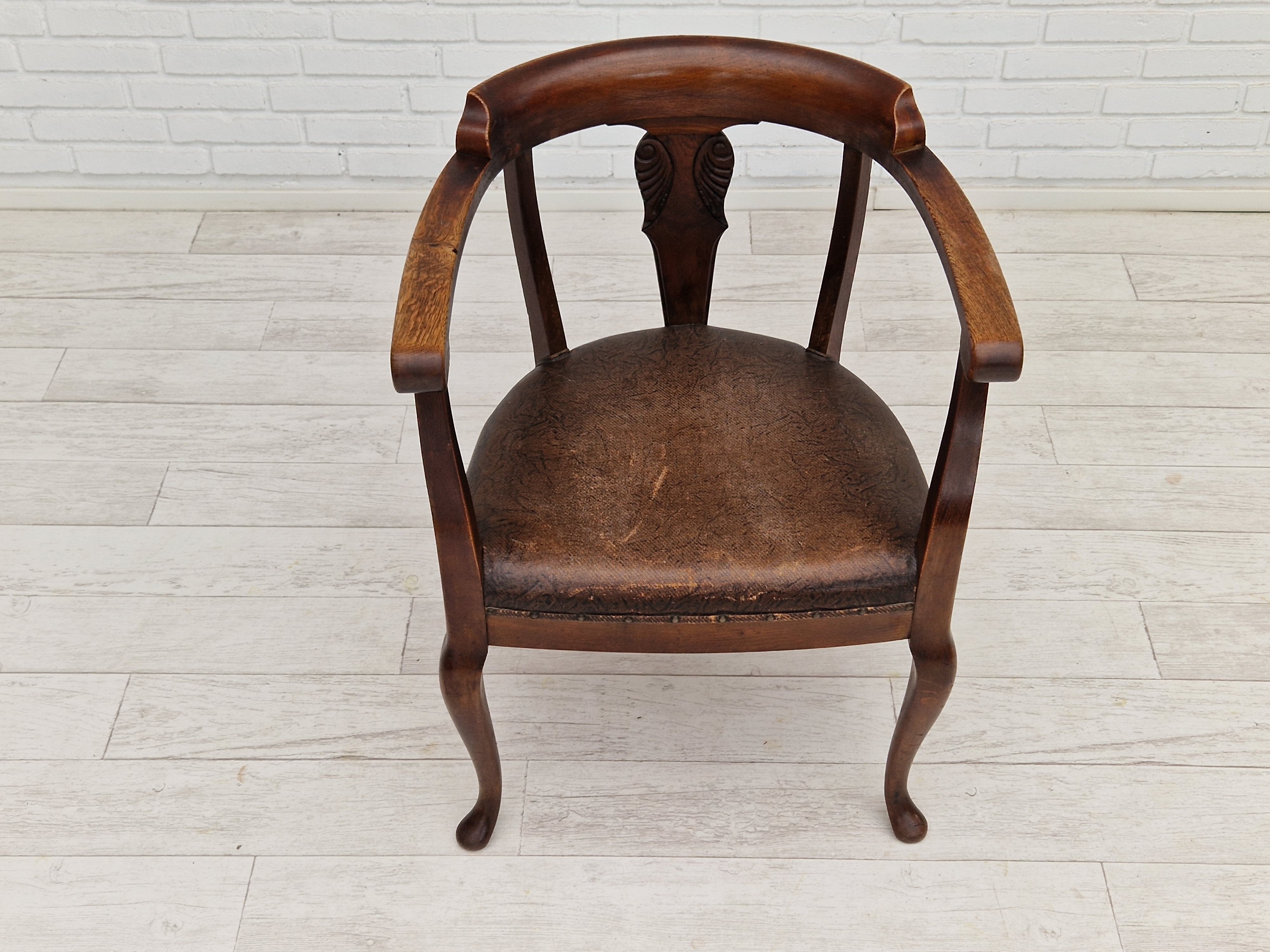 Scandinavian armchair, original condition, leather, oak wood, 1950s,