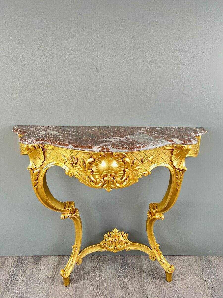 Louis XV Style Wall Console in Gilded Wood and Marble, 19th Century