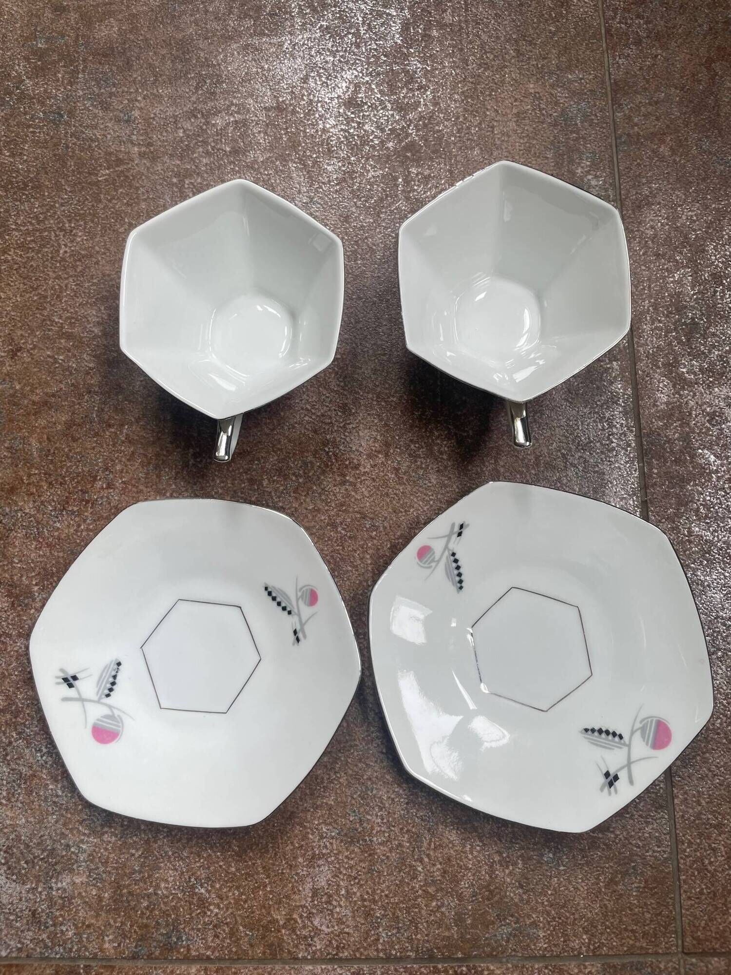 set of 2 Art Deco porcelain tea cups from Czechoslovakia