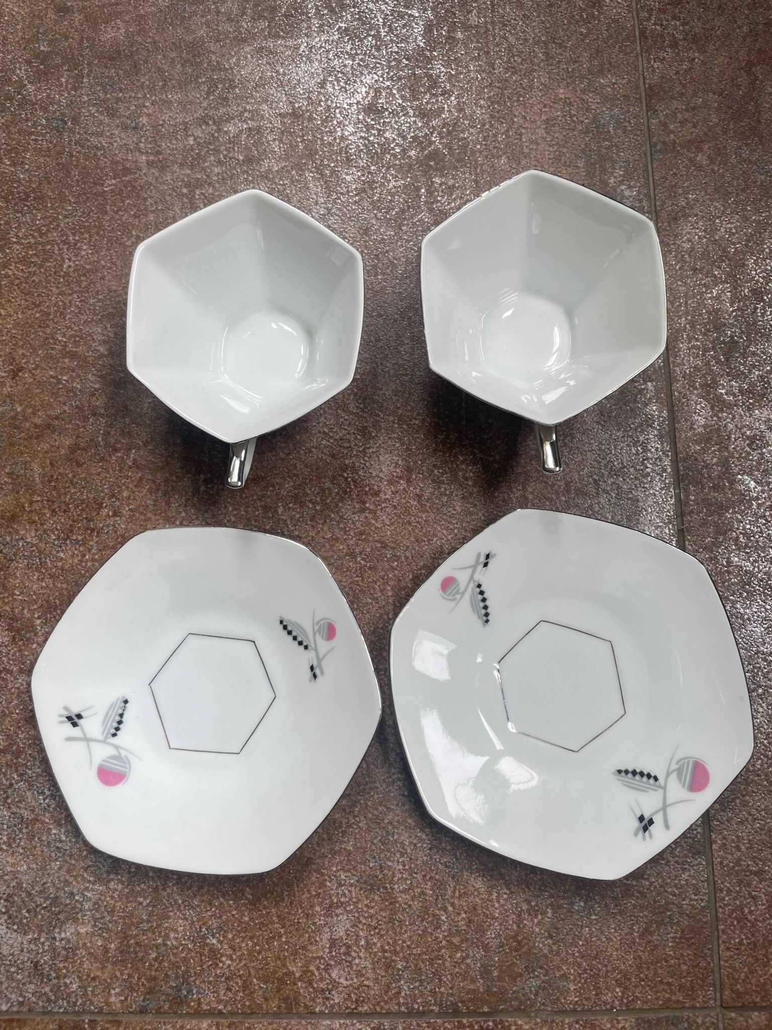 set of 2 Art Deco porcelain tea cups from Czechoslovakia