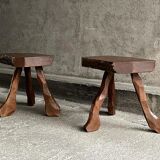 Pair of tripod stools in solid oak, France 1940s