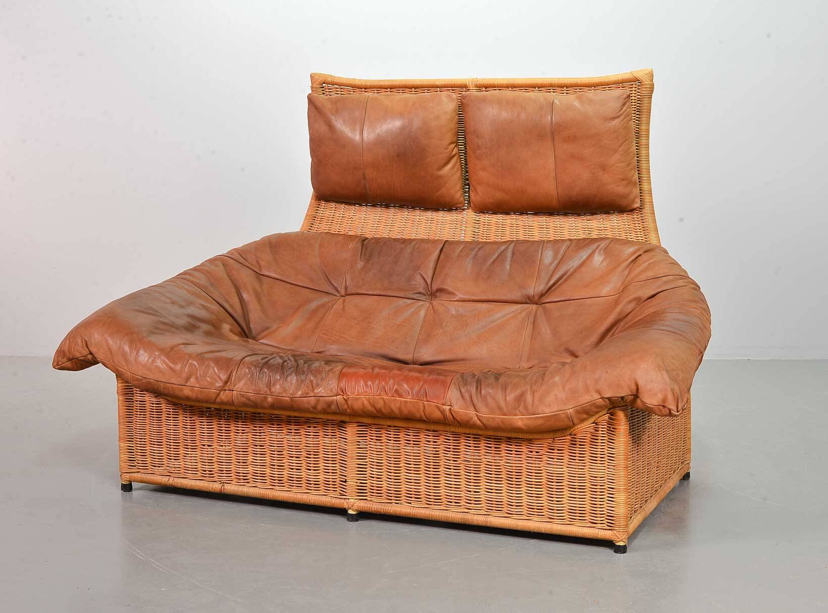 Gerard van de Berg Cognac Patchwork Leather 2-Seat Rockstyle Cane Sofa 70s