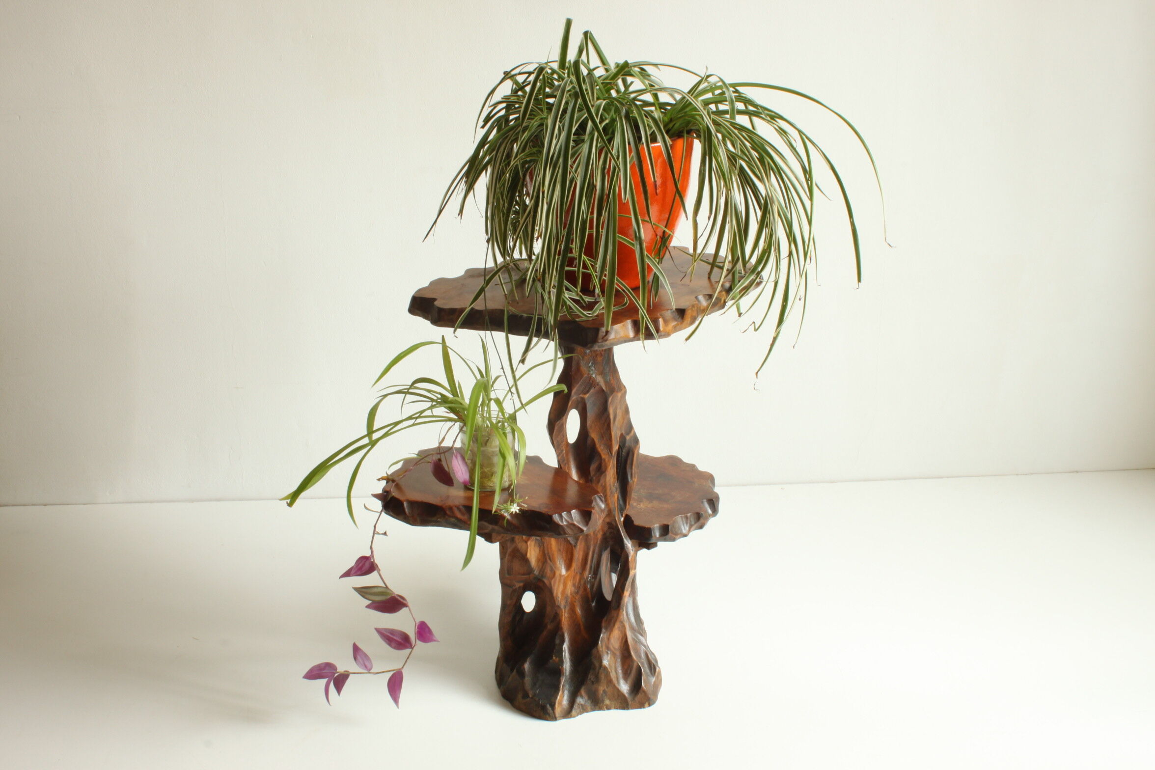 Wooden tree trunk organic carved plant stand side table, 1950s.