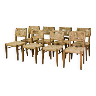 Set of 8 cord chairs by Adrien Audoux & Frida Minet for Vibo Vesoul 1940s