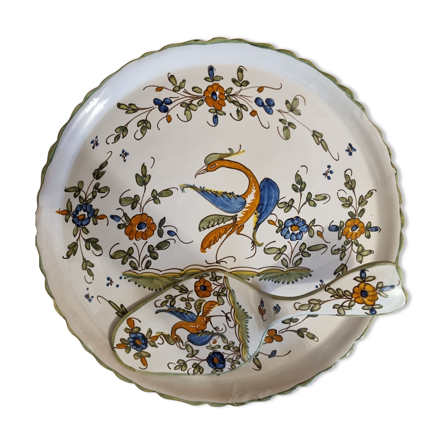 Plat à tarte en faience de Martres Tolosane Motif Moustiers avec sa pelle à tarte