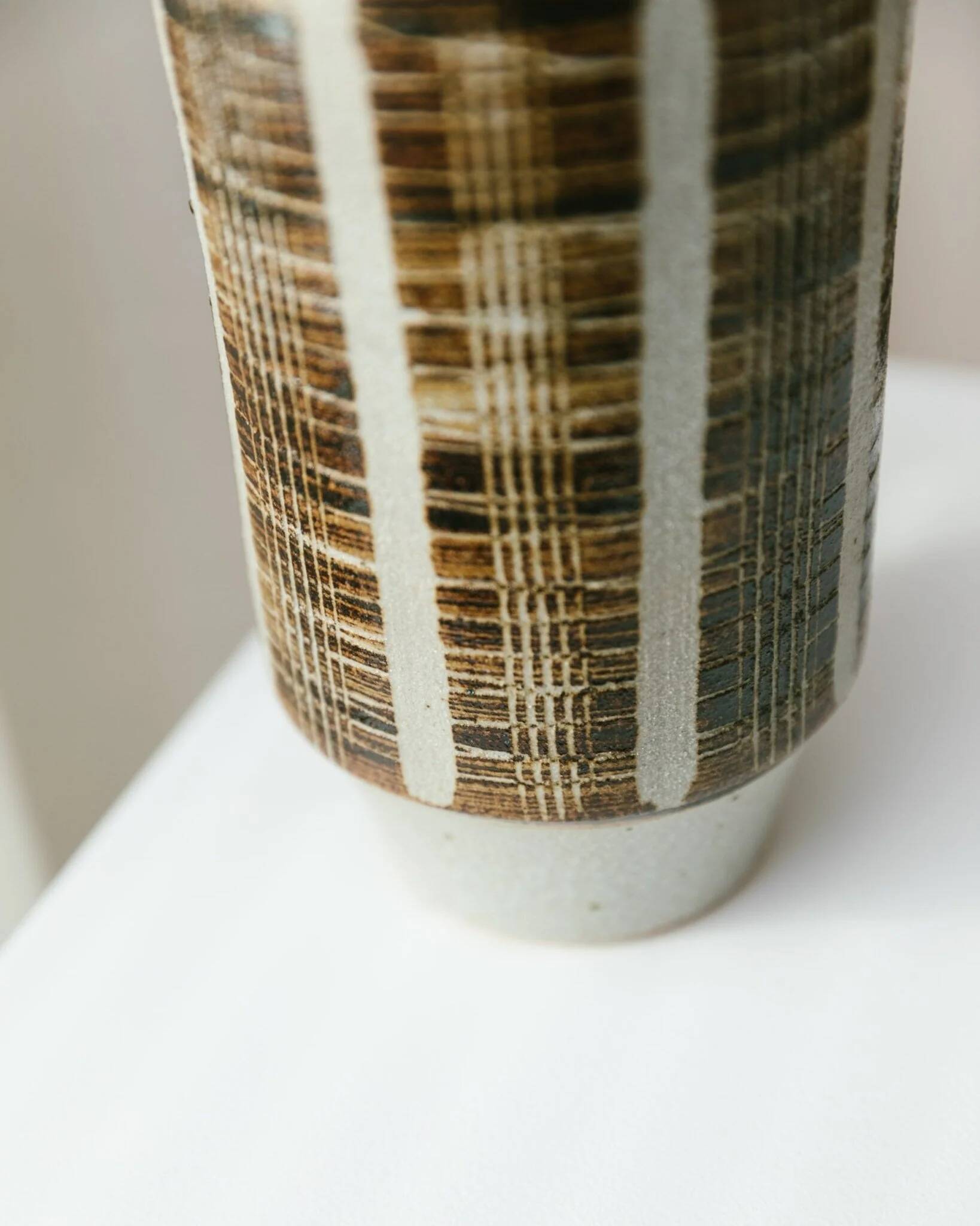 Brown Beige Ceramic Vase - Mid-Century Studio Vase, 1960s, Crosshatch Texture