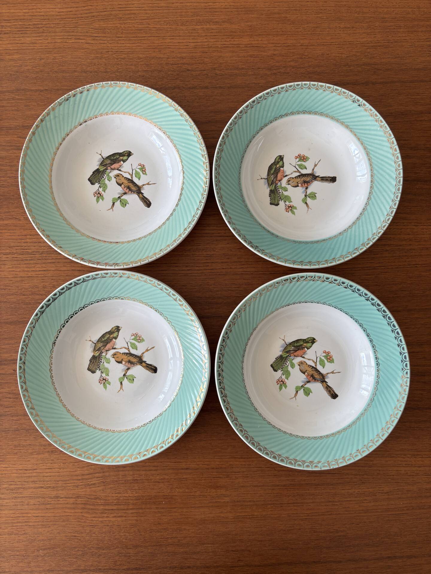 Set of 4 vintage deep plates in earthenware • Bird and leaf decoration