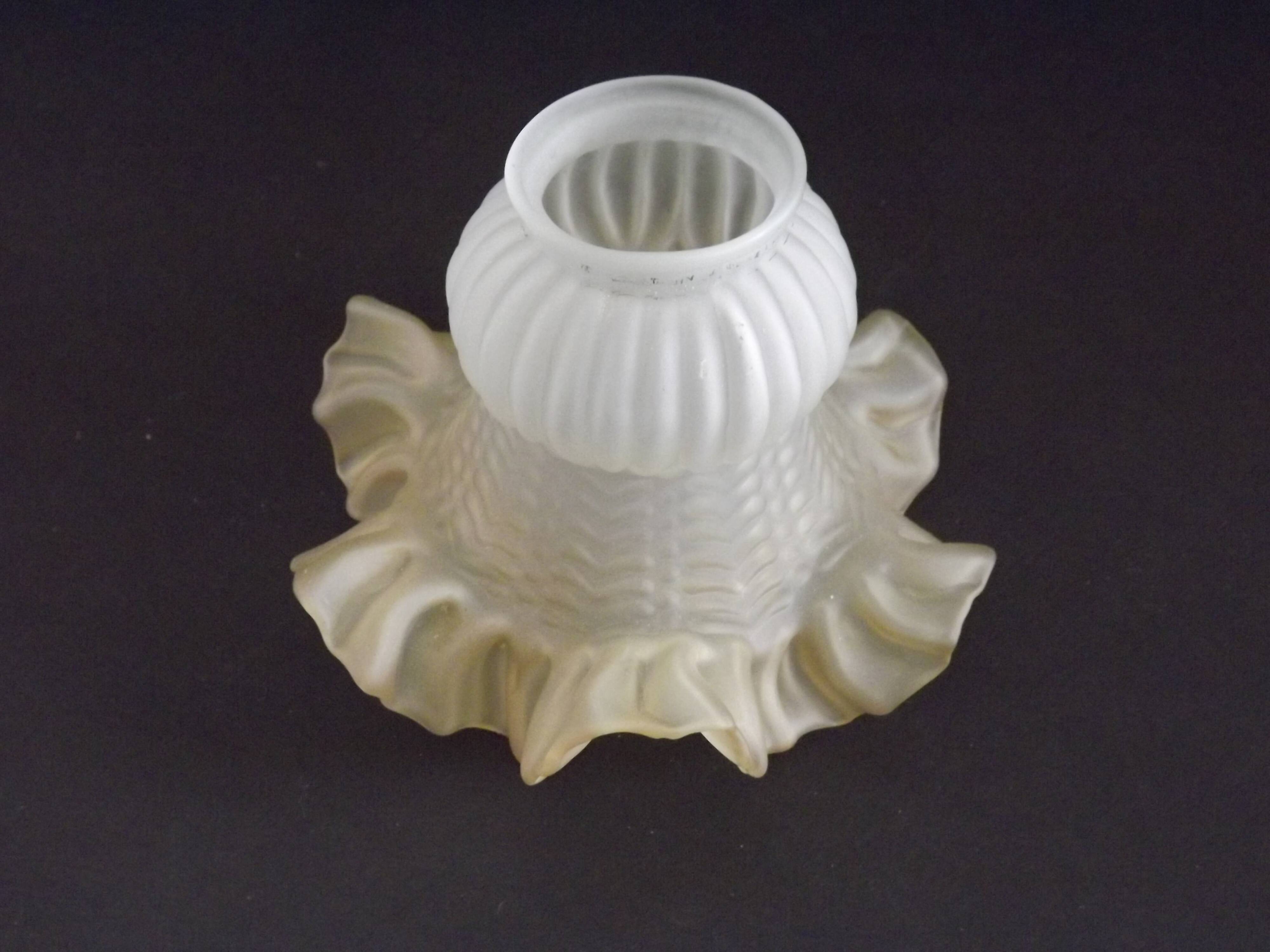 Vintage French Opaque White Glass Replacement Shade with Frilled Amber Edge