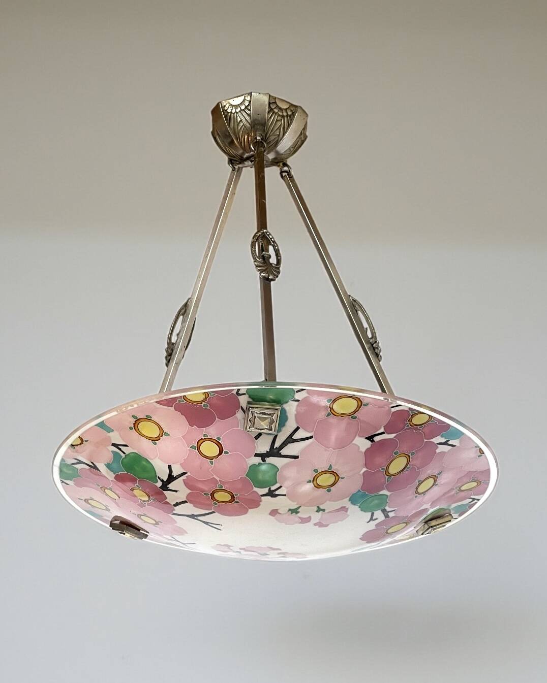 Art Deco enamelled glass basin pendant light by Loys Lucha