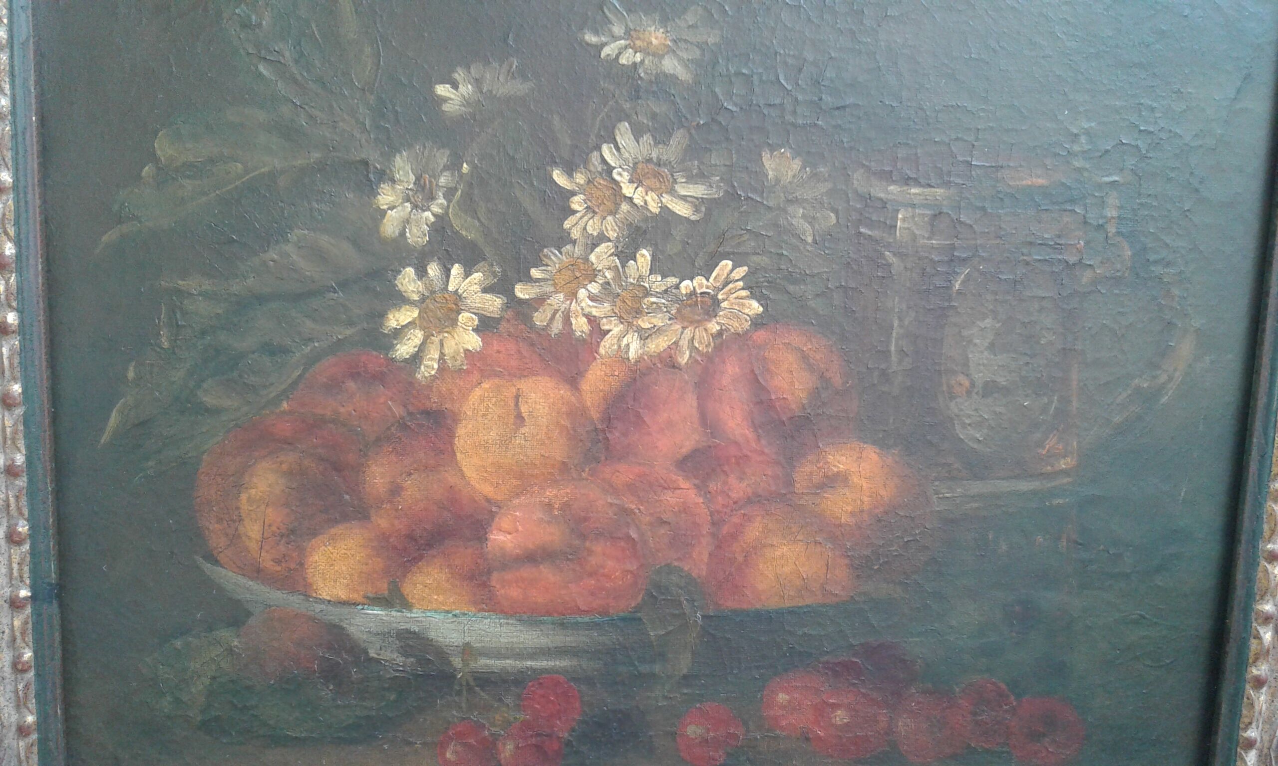 Table Oil on canvas. Old. Still life with apricots and peaches. 19 th