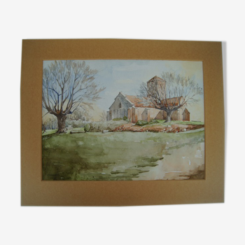 Church in the countryside - Watercolor signed