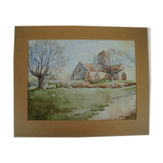 Eglise à la campagne - Aquarelle signée