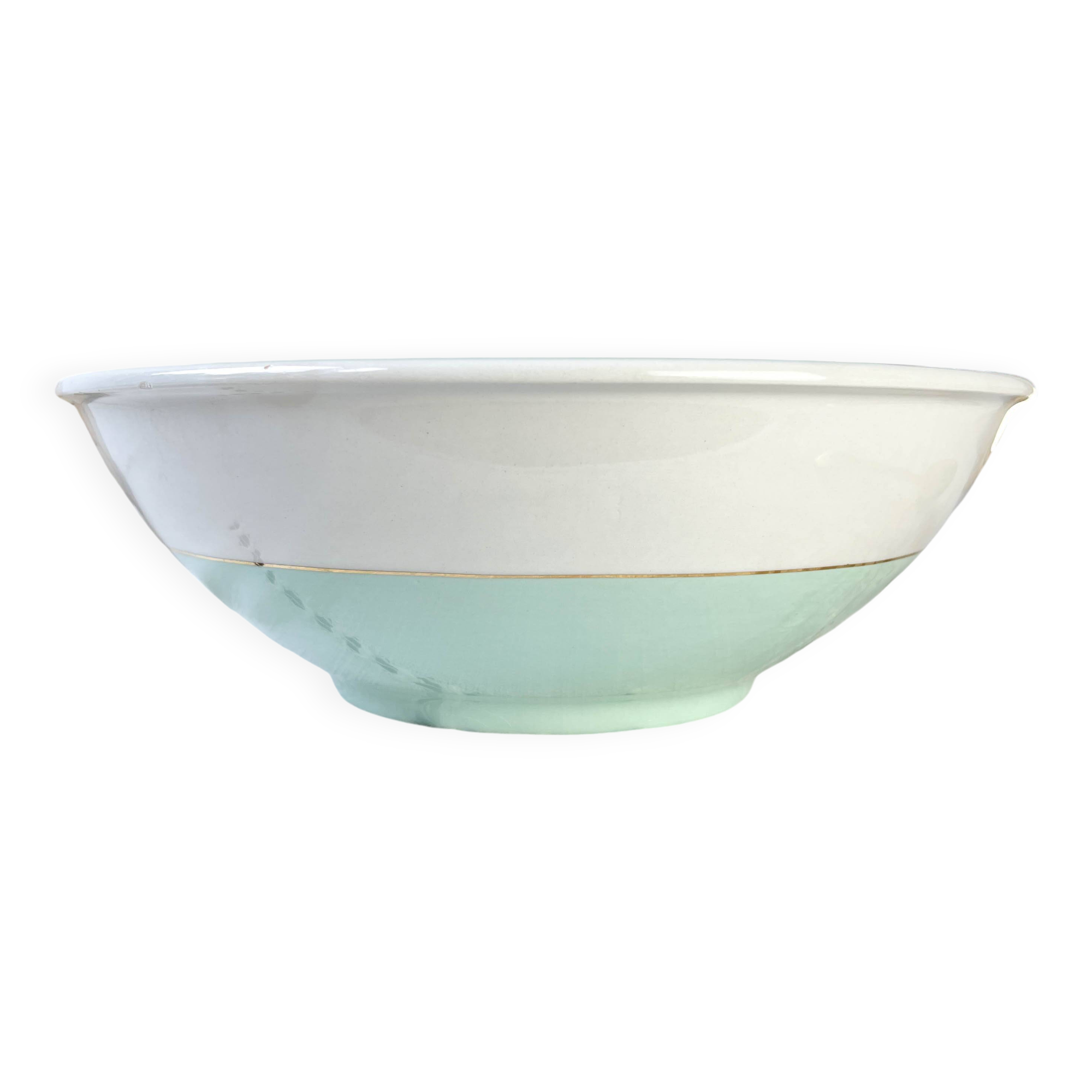 Vintage white and green porcelain salad bowl, Luneville, Epinay, France, 1950s