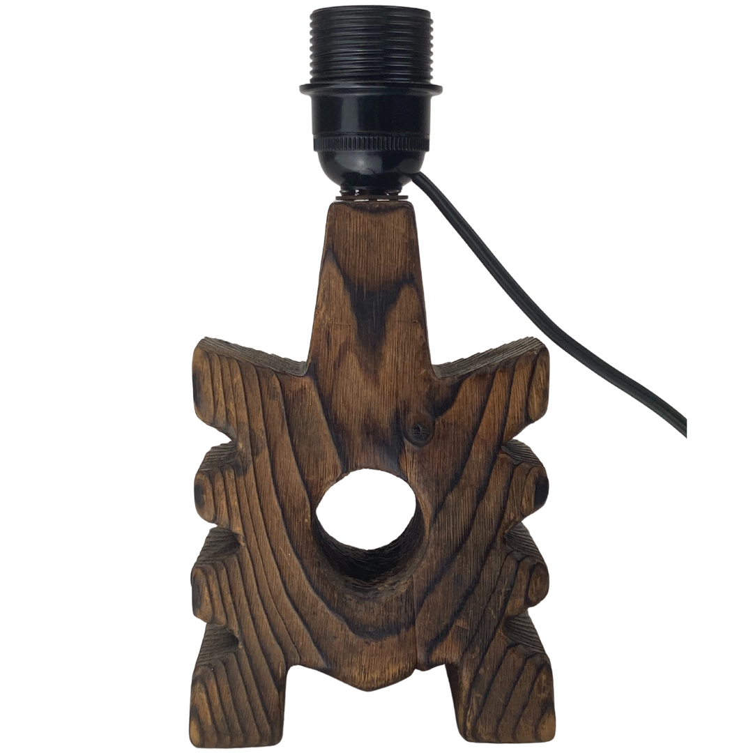 Brutalist wooden table lamp with teddy boucle shade. Dutch, 1970s