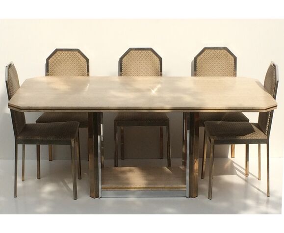 Travertin Dining Room Set Brass 1970s Selency Travertin Dining Room Set Brass 1970s, 1970s Style Dining Table And Chairs