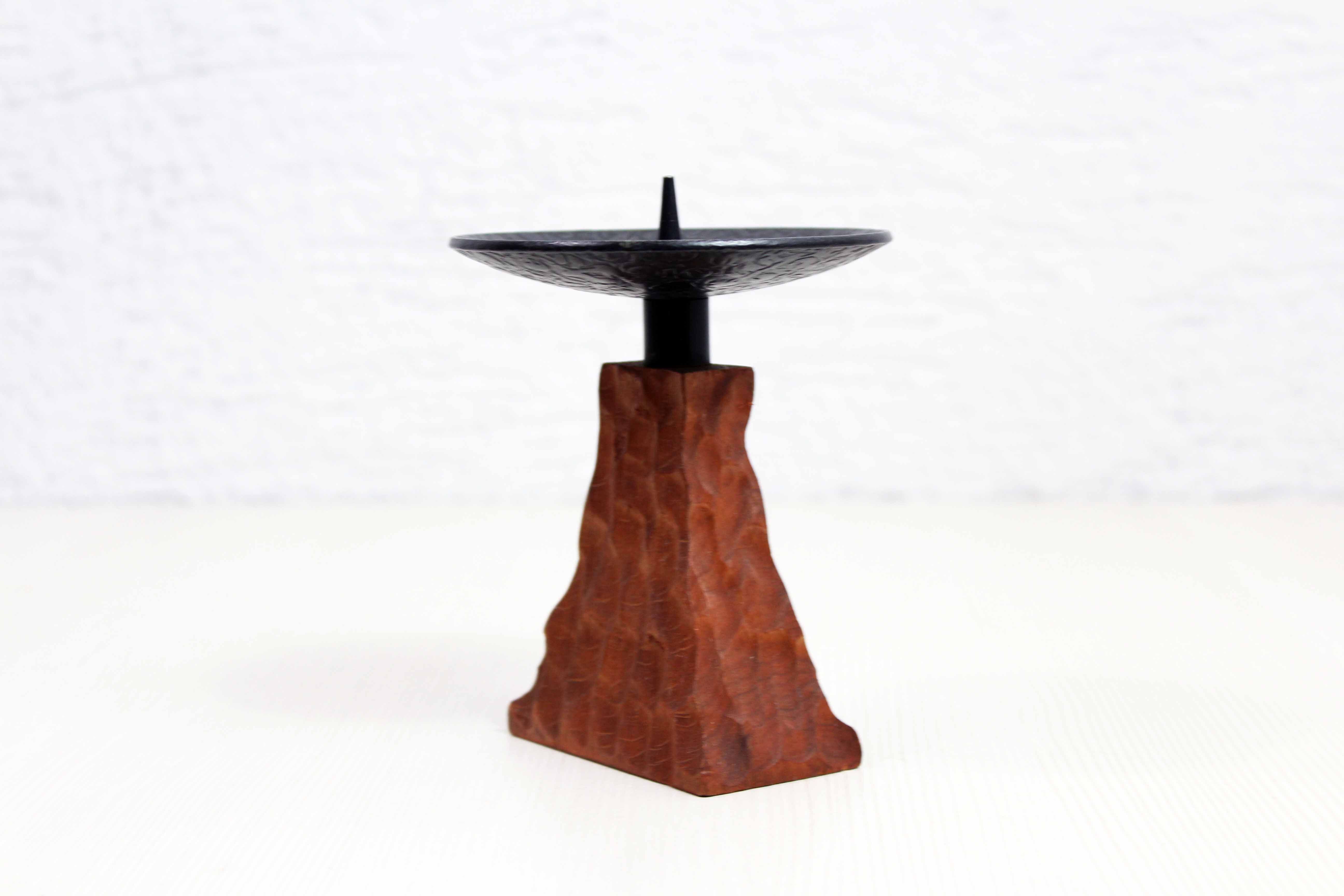 Brutalist teak and metal candle holder