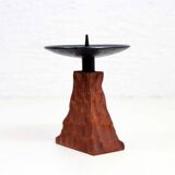 Brutalist teak and metal candle holder
