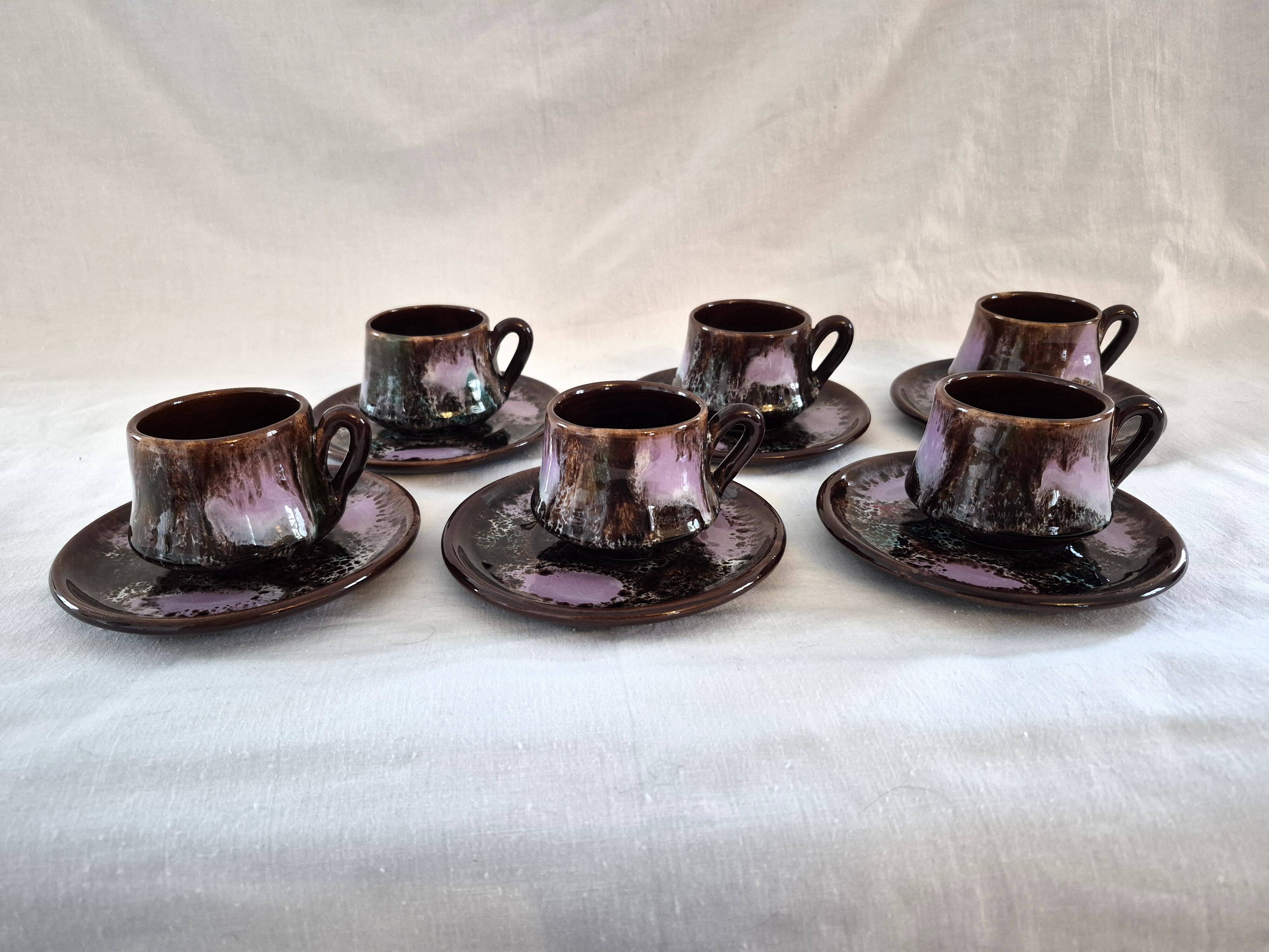Six cups and saucers Vallauris glazed ceramic in brown and old pink.