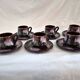 Six cups and saucers Vallauris glazed ceramic in brown and old pink.