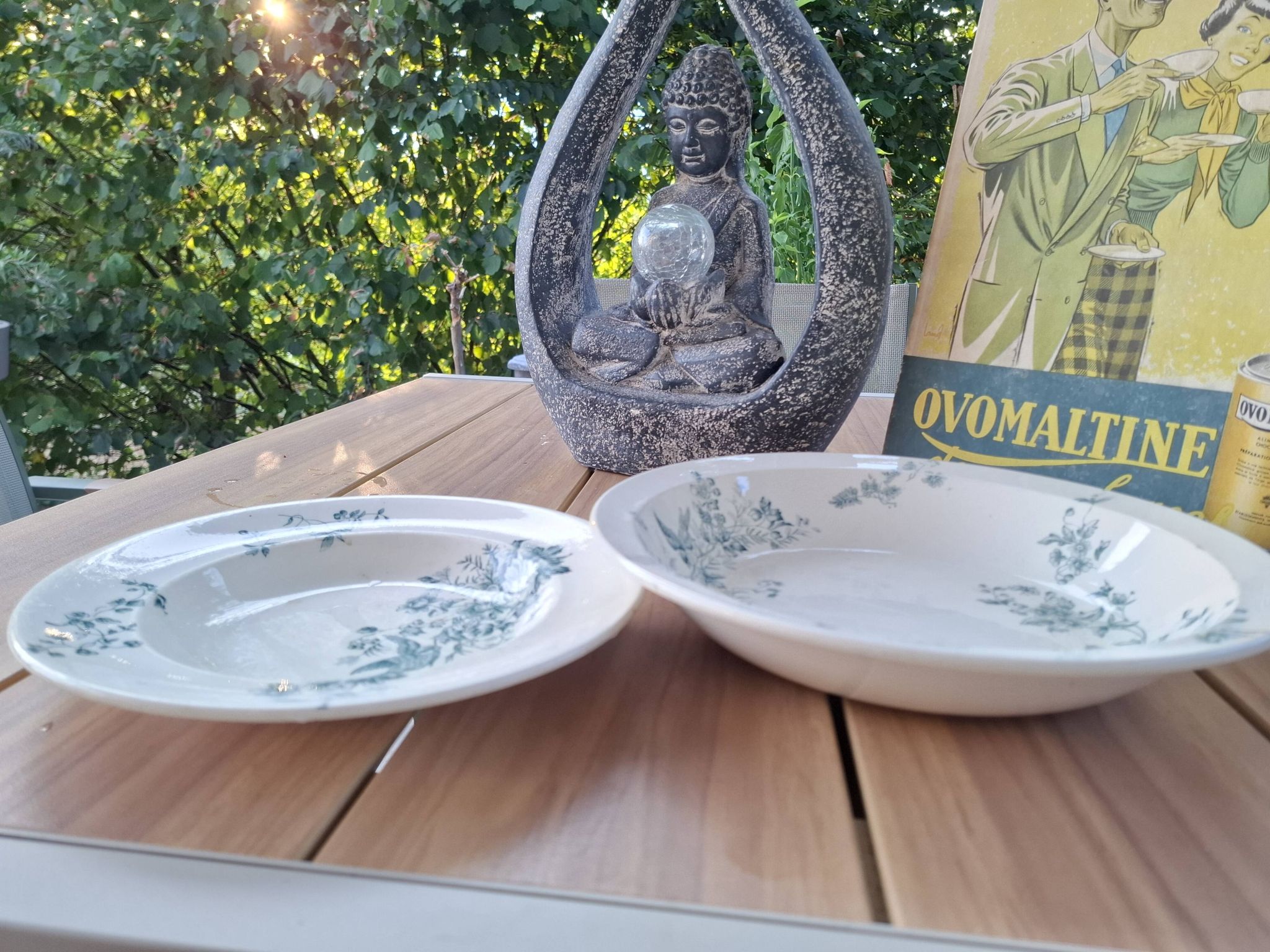 Old set of 2 terre de fer longwy dishes – bird and flower decoration