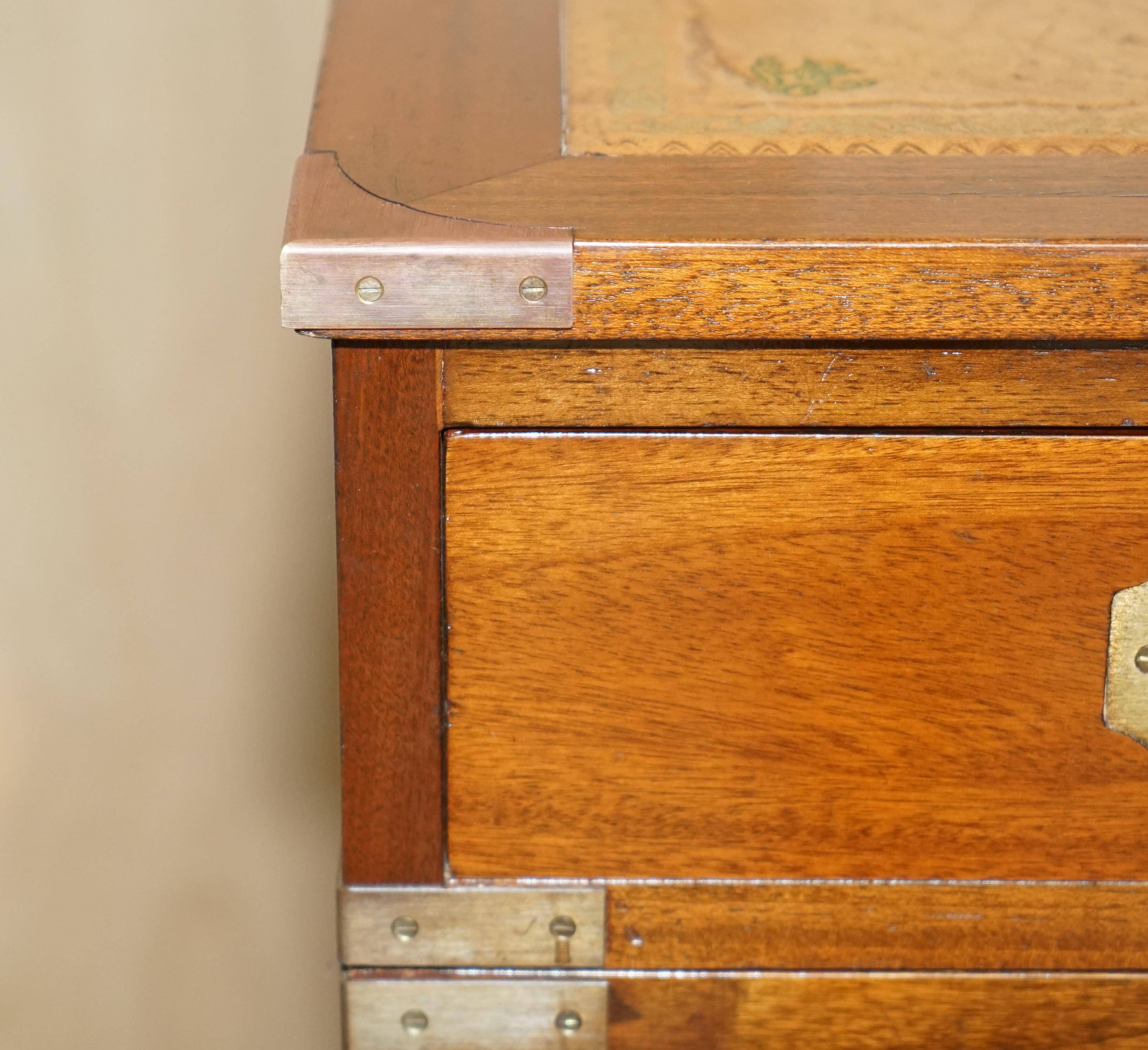 Vintage Harrods Kennedy desk in military campaign style with drawers.